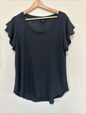 Black Ribbed Flutter-Sleeve Tee by Cato